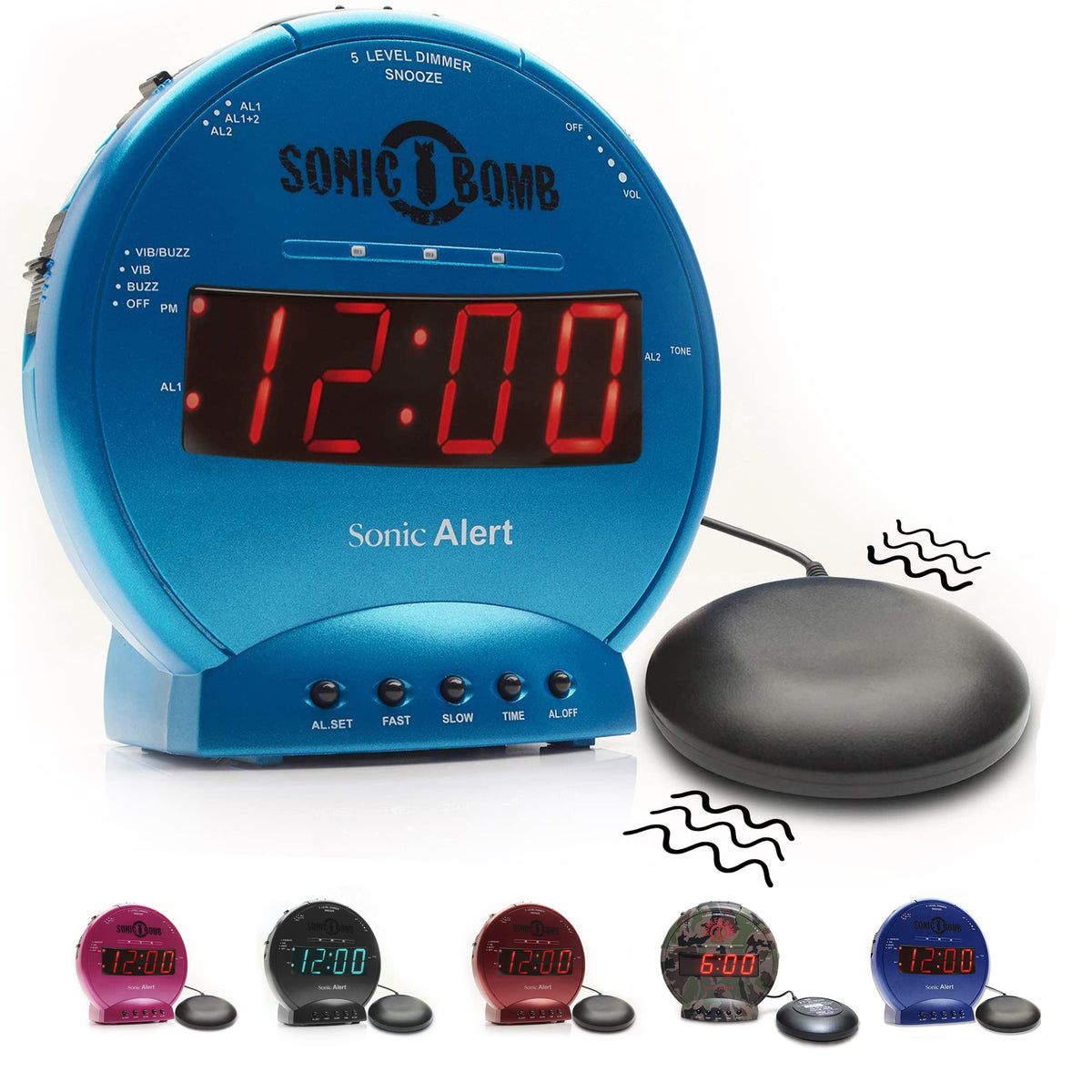 Sonic Bomb front view on nightstand shows bold alarm for heavy sleepers