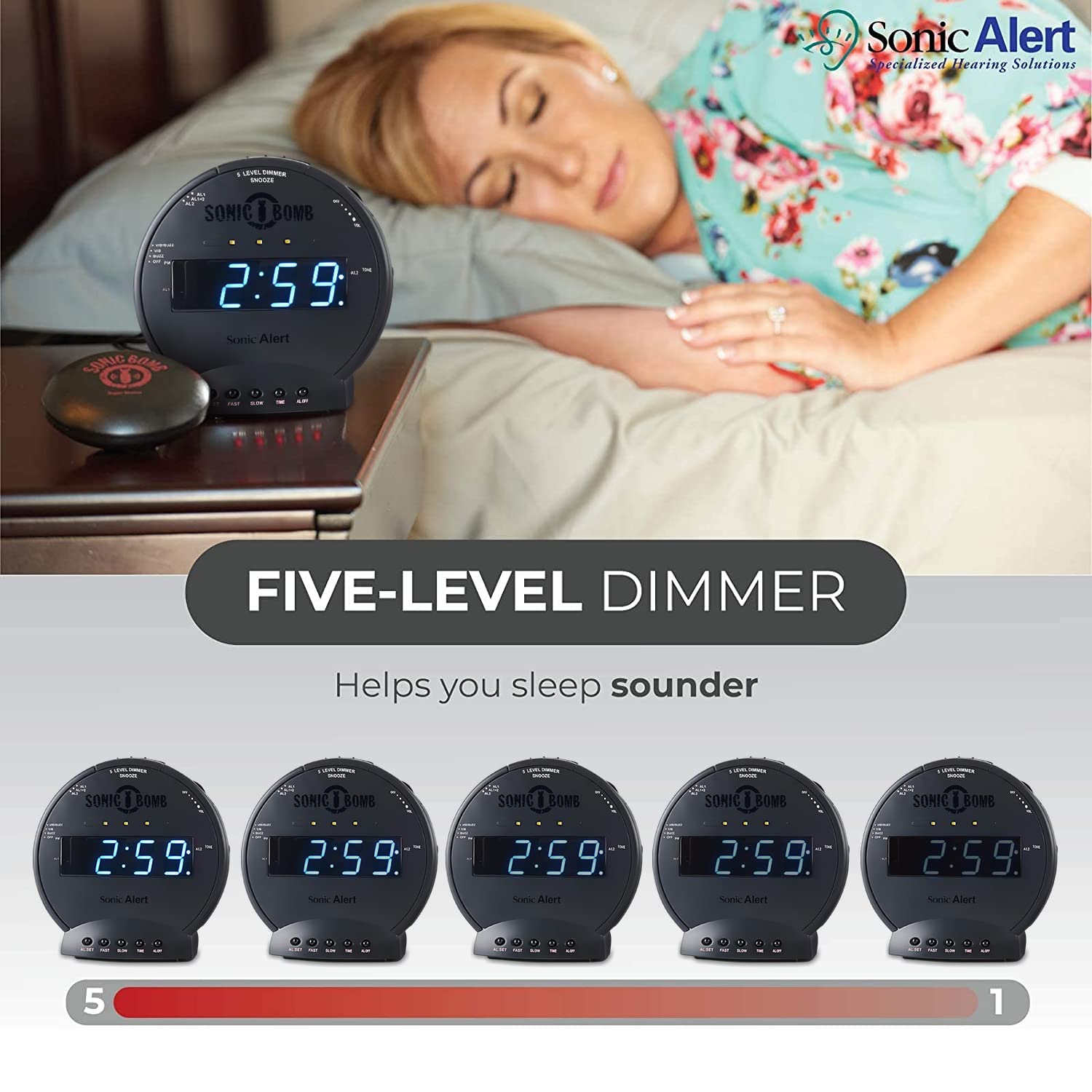 Sonic Bomb clock with red lights for strong visual wake-up cues