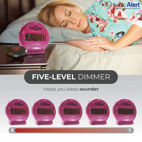 Sonic Alert Sonic Bomb visual alert lights flashing pink nightstand setup