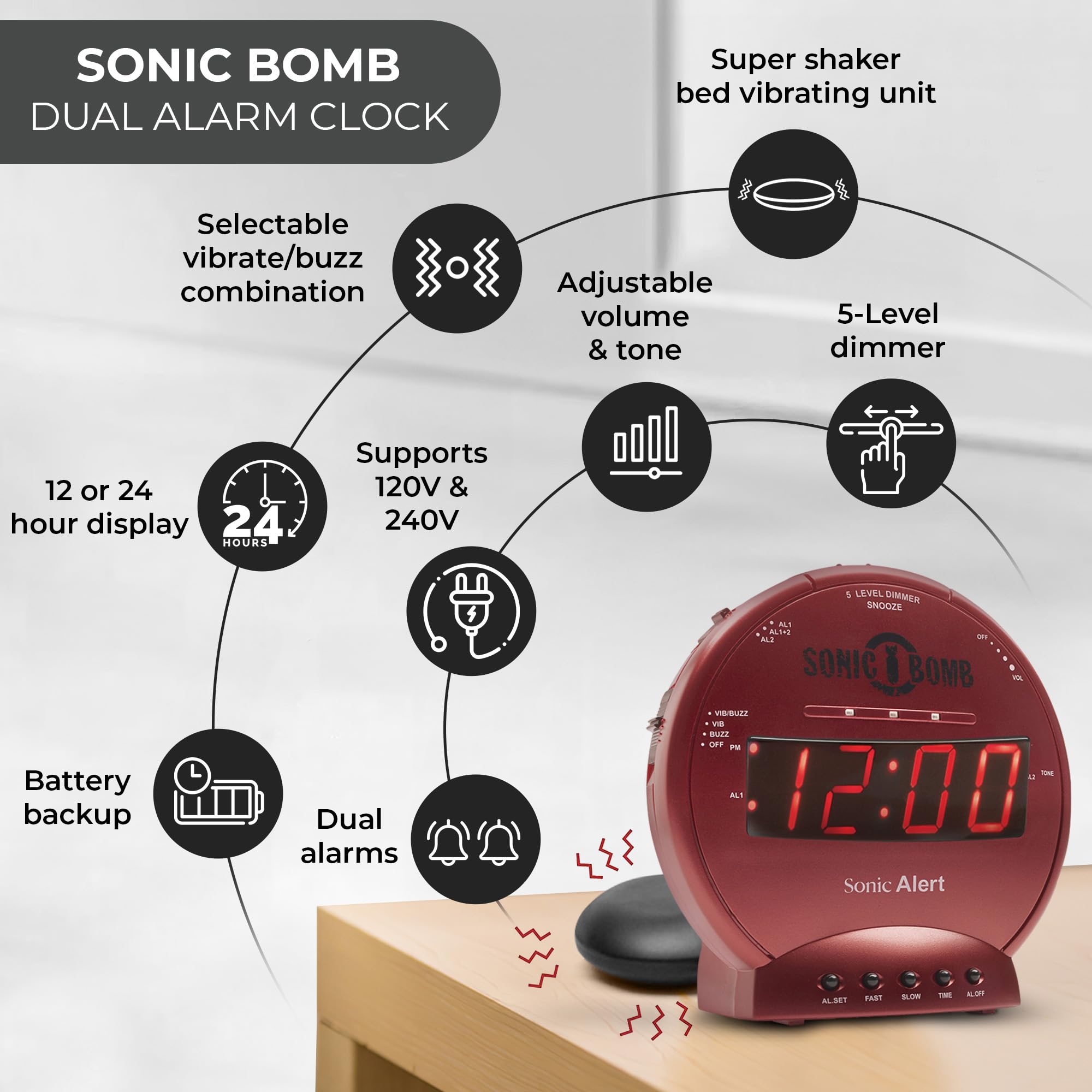 Visual alert lights on the Sonic Bomb provide a clear wake-up cue.