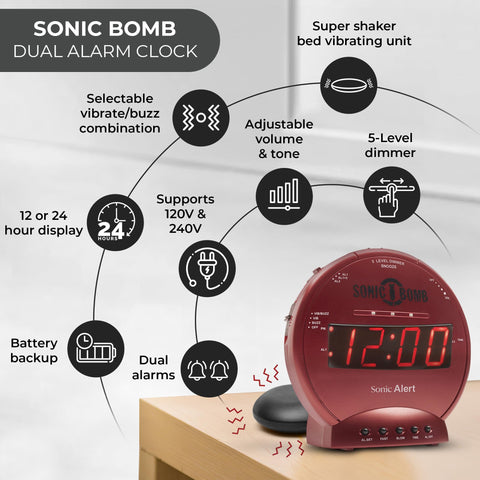 Visual alert lights on the Sonic Bomb provide a clear wake-up cue.