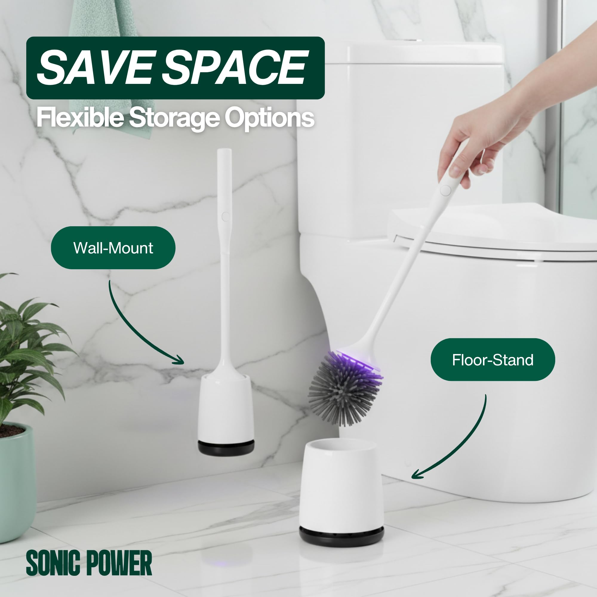 SonicPower wall-mount toilet brush complements a tidy bathroom.
