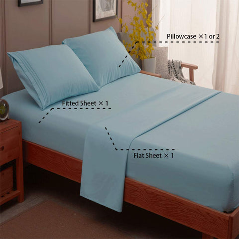 SONORO KATE embroidery detail on Spa Blue sheets adds elegance