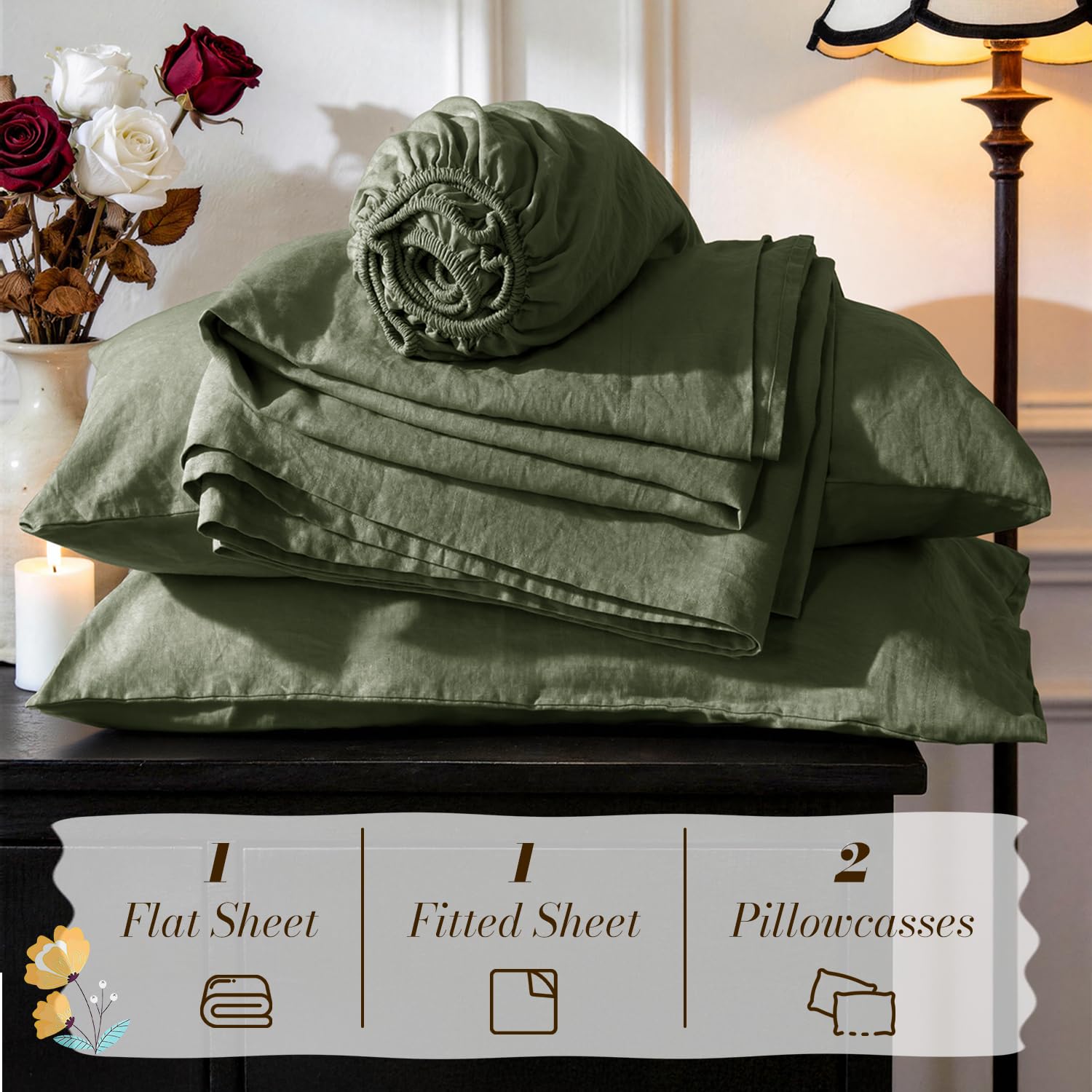 Sonoro Kate olive green linen set, a gift-ready choice for homes.