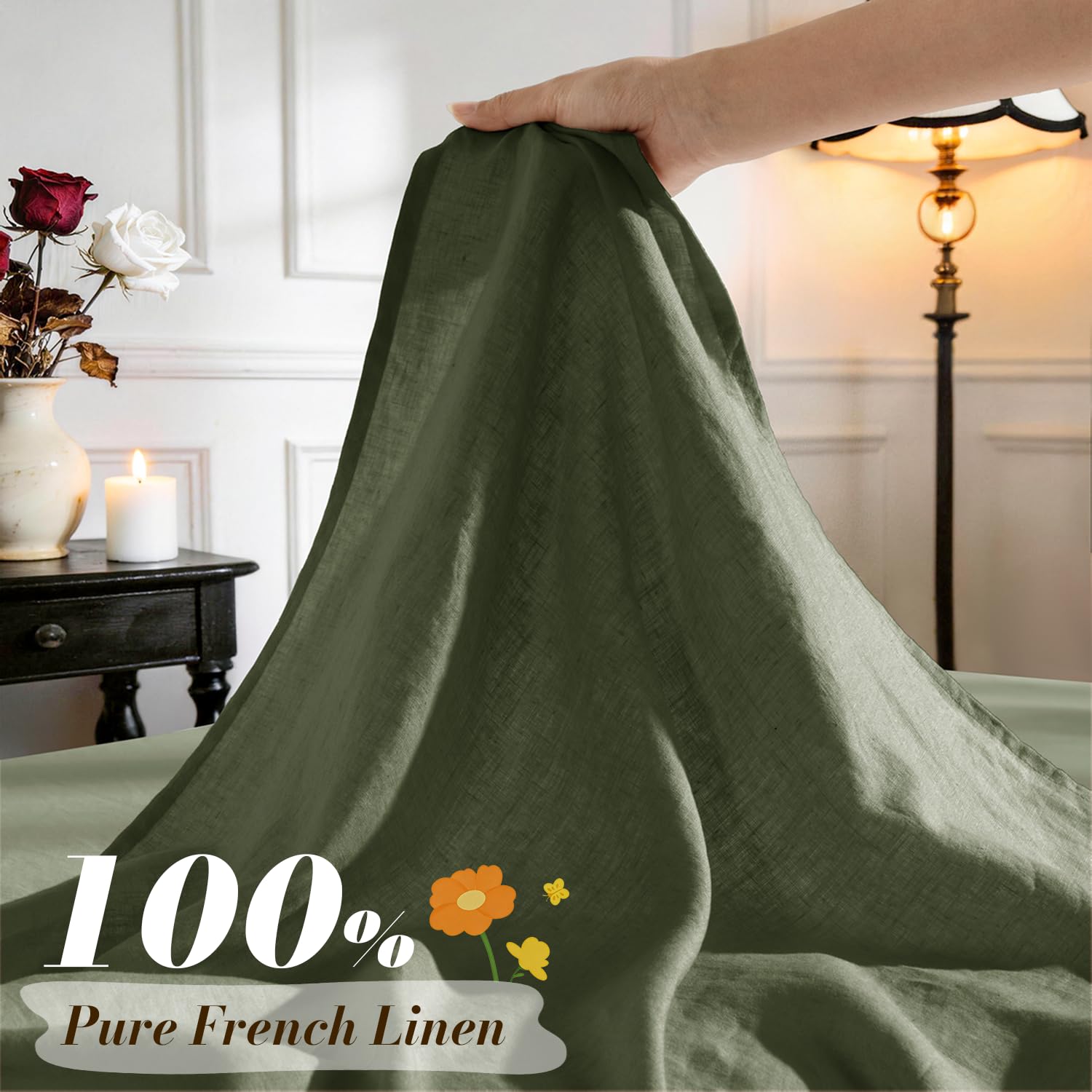 Sonoro Kate olive green king linen flat sheet, soft surface for all-season comfort.