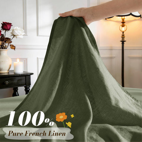 Sonoro Kate olive green king linen flat sheet, soft surface for all-season comfort.