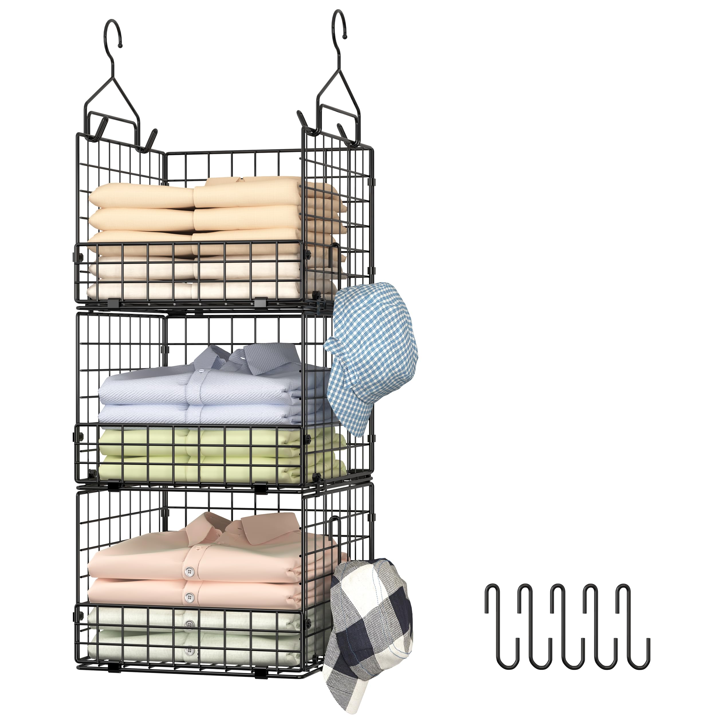 Sonyabecca 3-tier hanging closet organizer baskets for easy wardrobe access