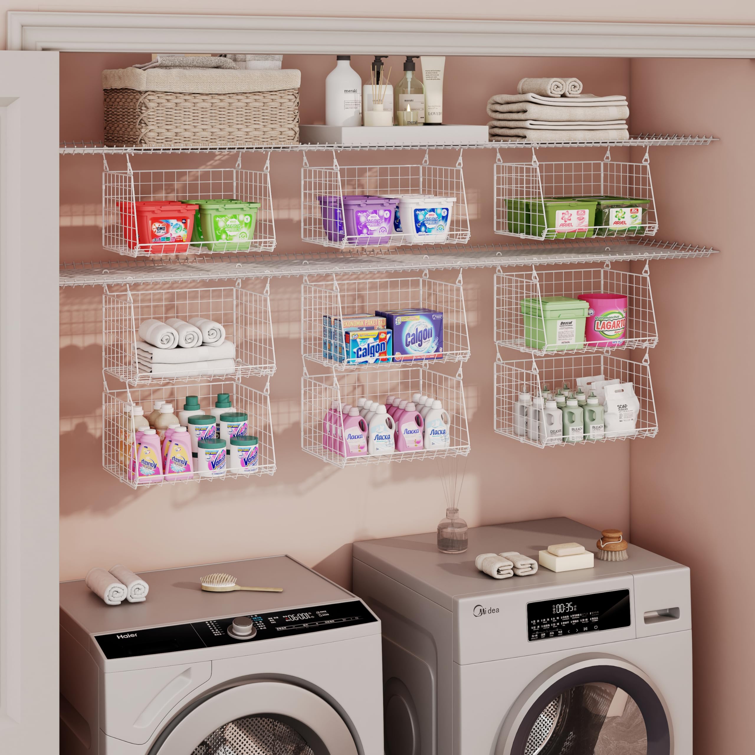 Sonyabecca 360° rotating hook keeps baskets adjustable for quick item retrieval.