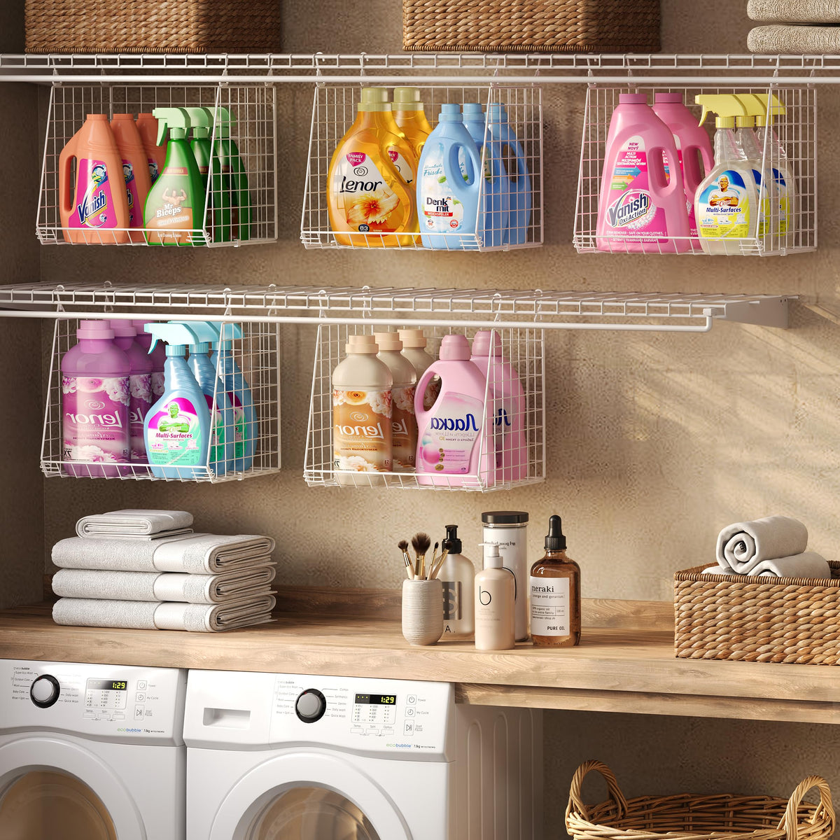Sonyabecca 3-pack extra-tall baskets with foldable wire shelf for organized laundry storage.