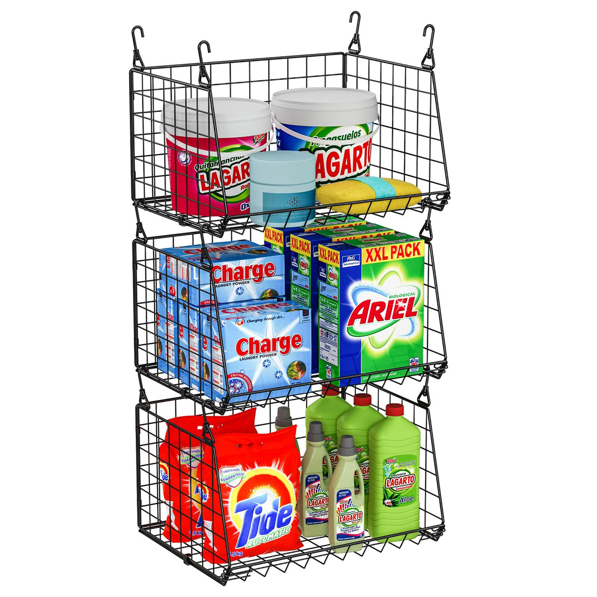 Sonyabecca 3-pack hanging laundry basket on shelf for space-saving storage