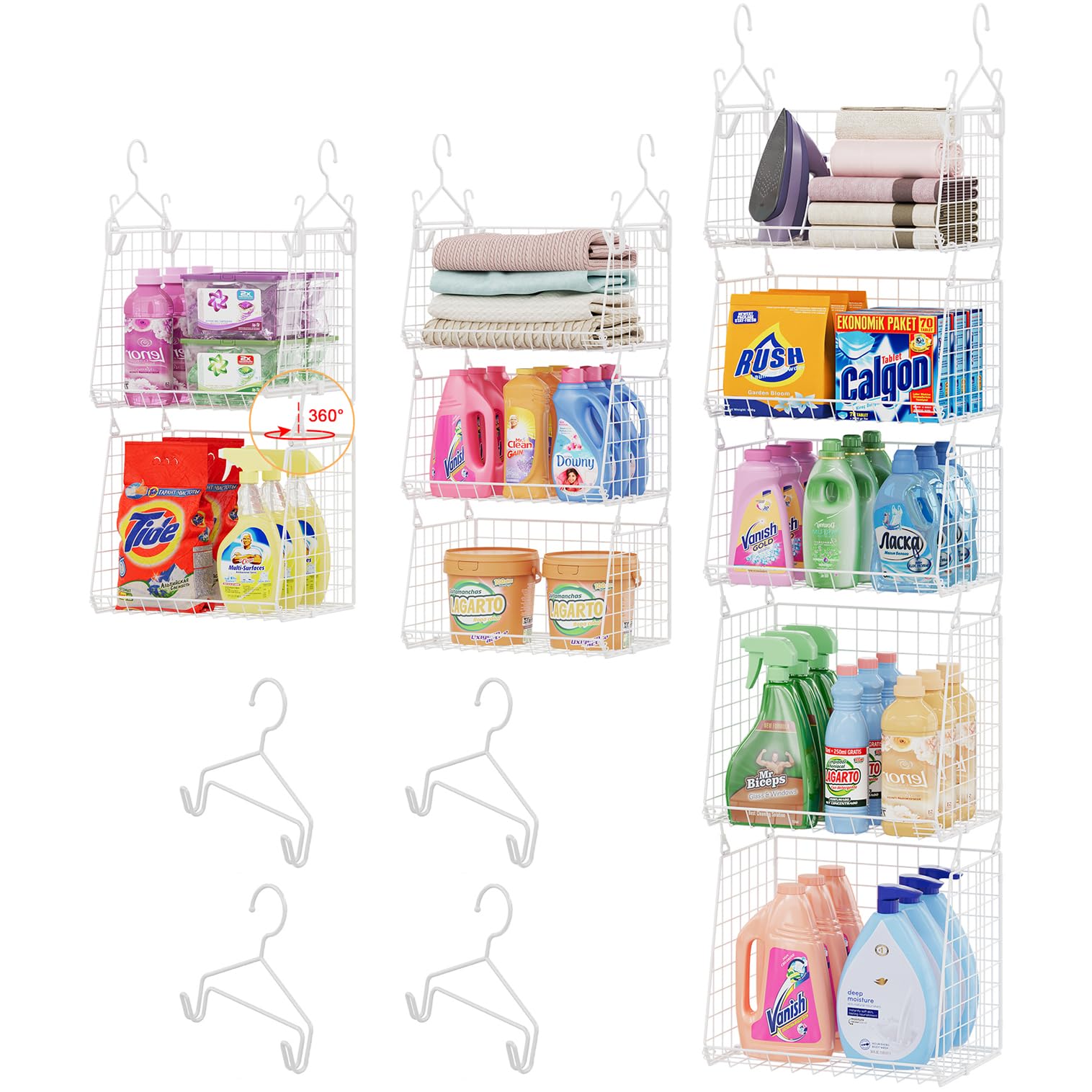 Sonyabecca 5-tier hanging basket assembly for organized laundry room storage.