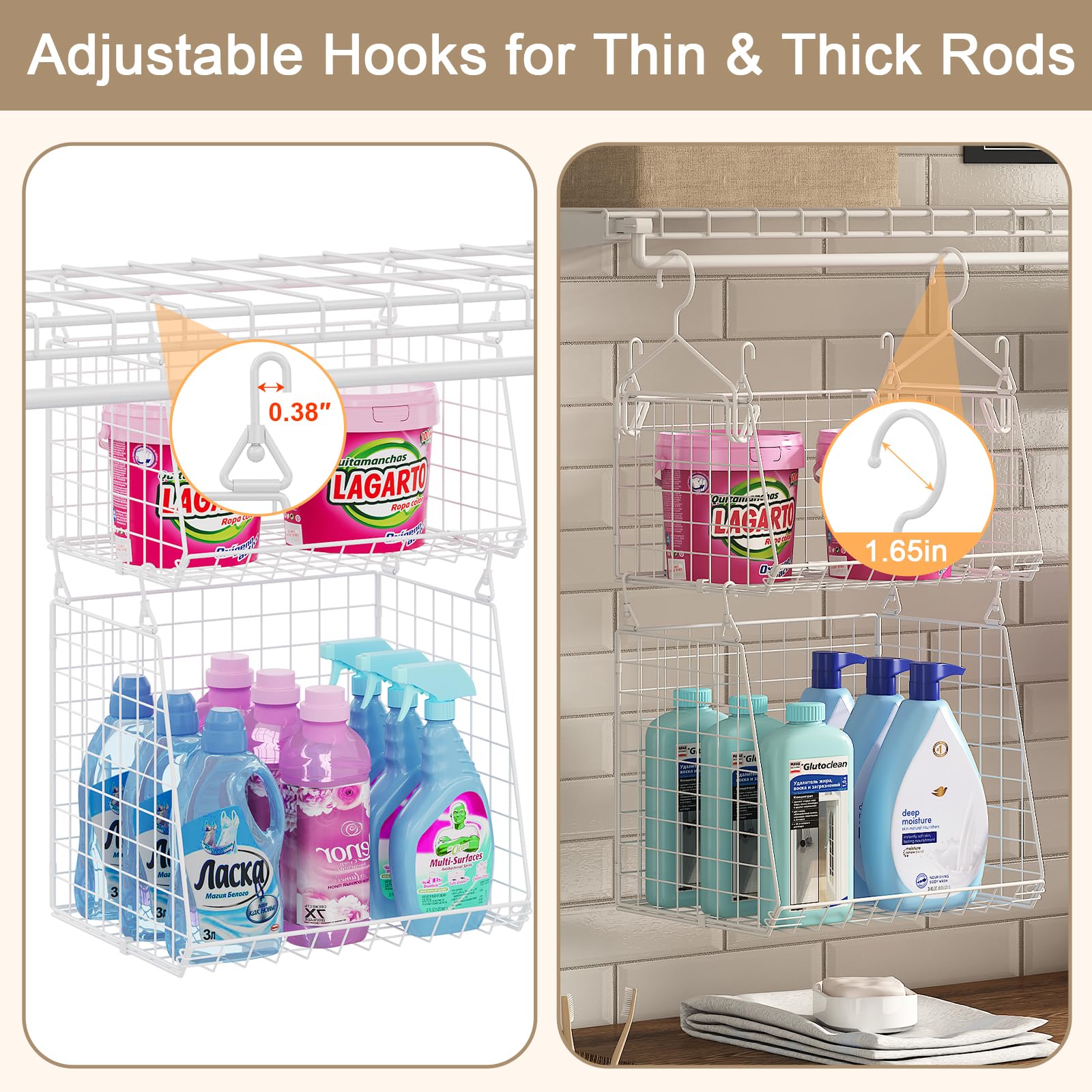 Sonyabecca foldable wire shelf basket with 4 large hooks for flexible hanging.