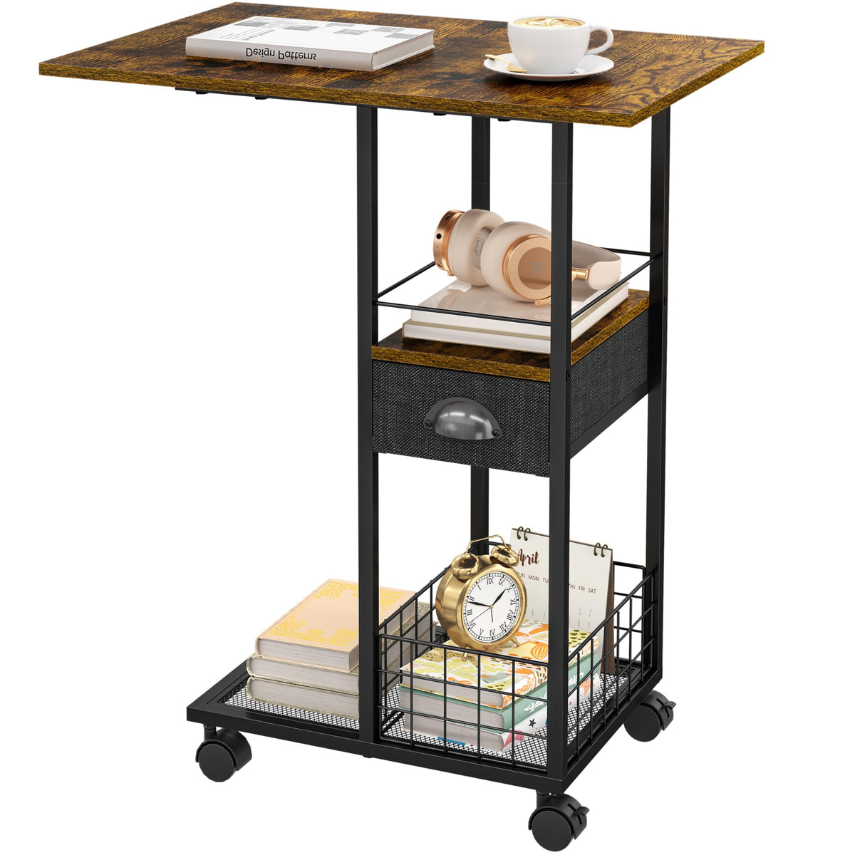 Sonyabecca rolling C-shaped side table with wheels beside sofa for easy mobility