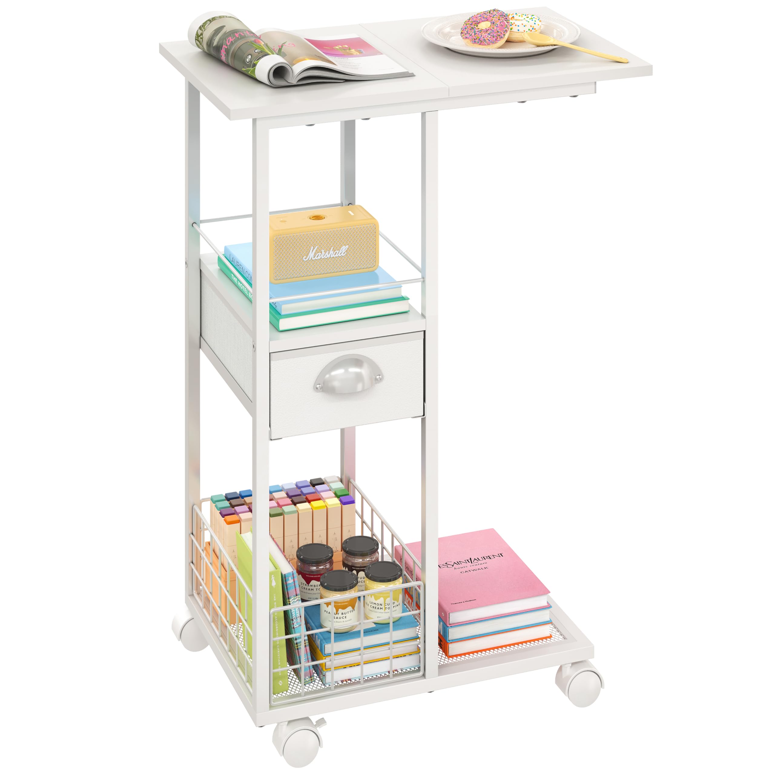 Sonyabecca rolling side table top surface offers convenient workspace beside the sofa