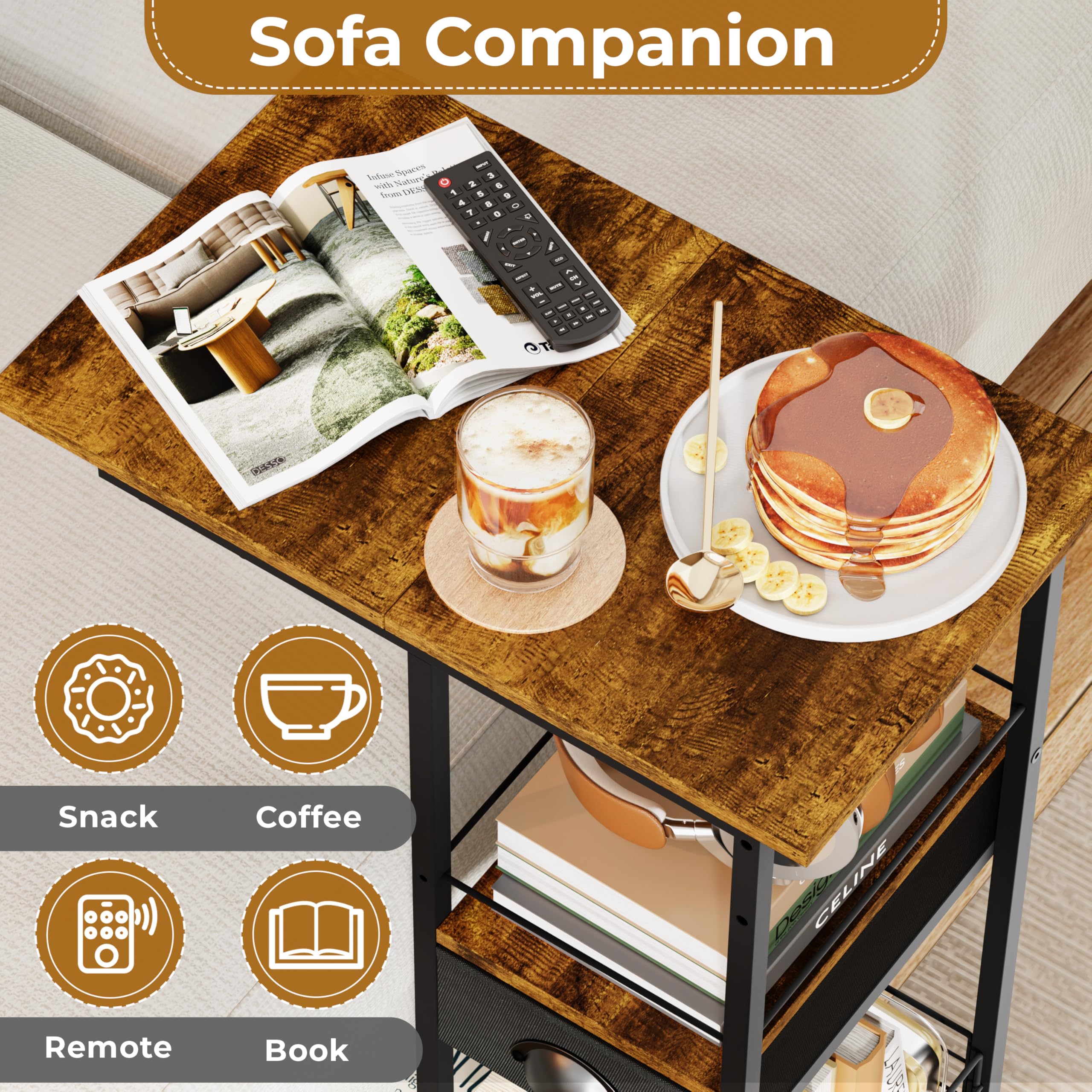 Sonyabecca side table with wheels enables easy repositioning around living room.
