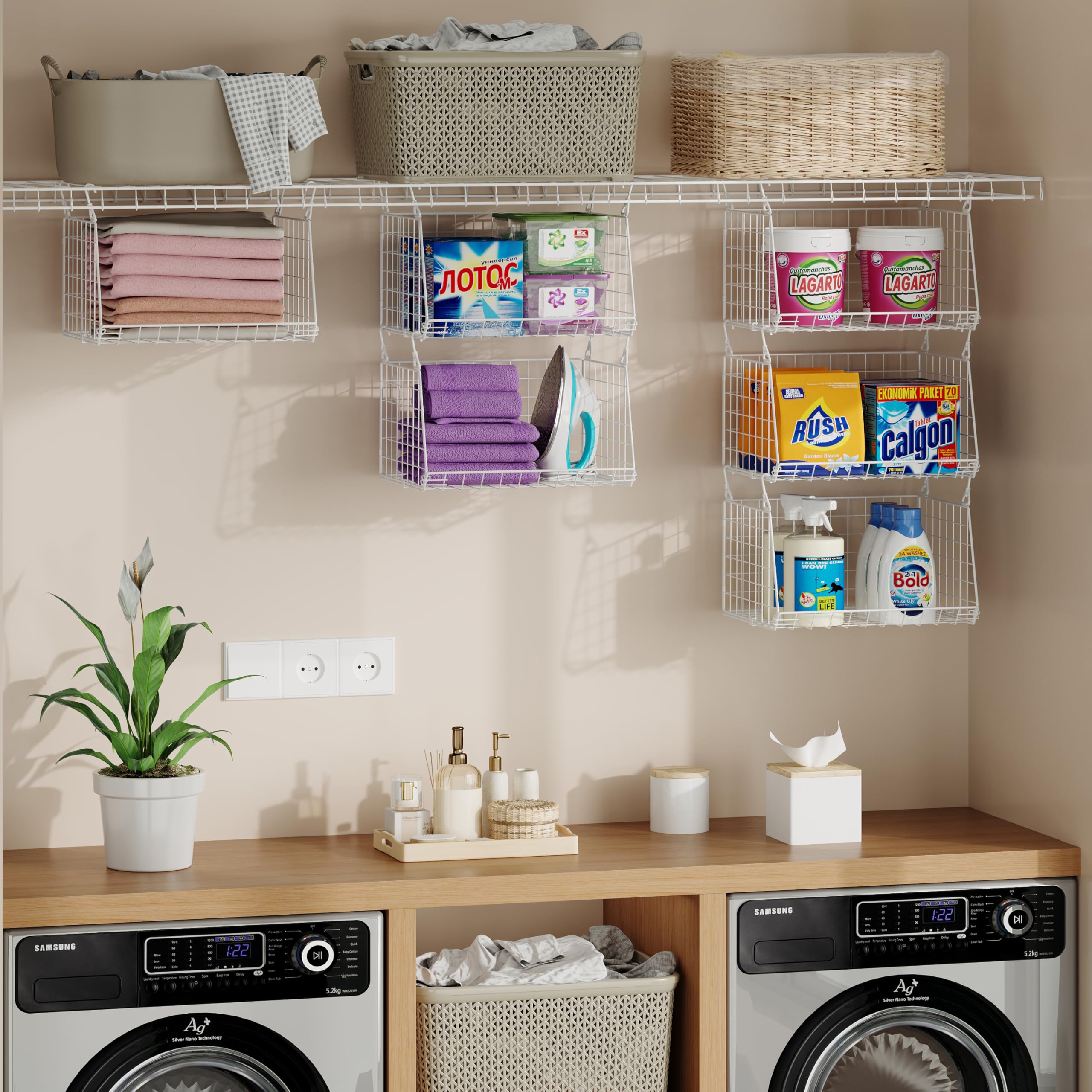 Sonyabecca Space-saving laundry organizer creates vertical storage without floor usage.