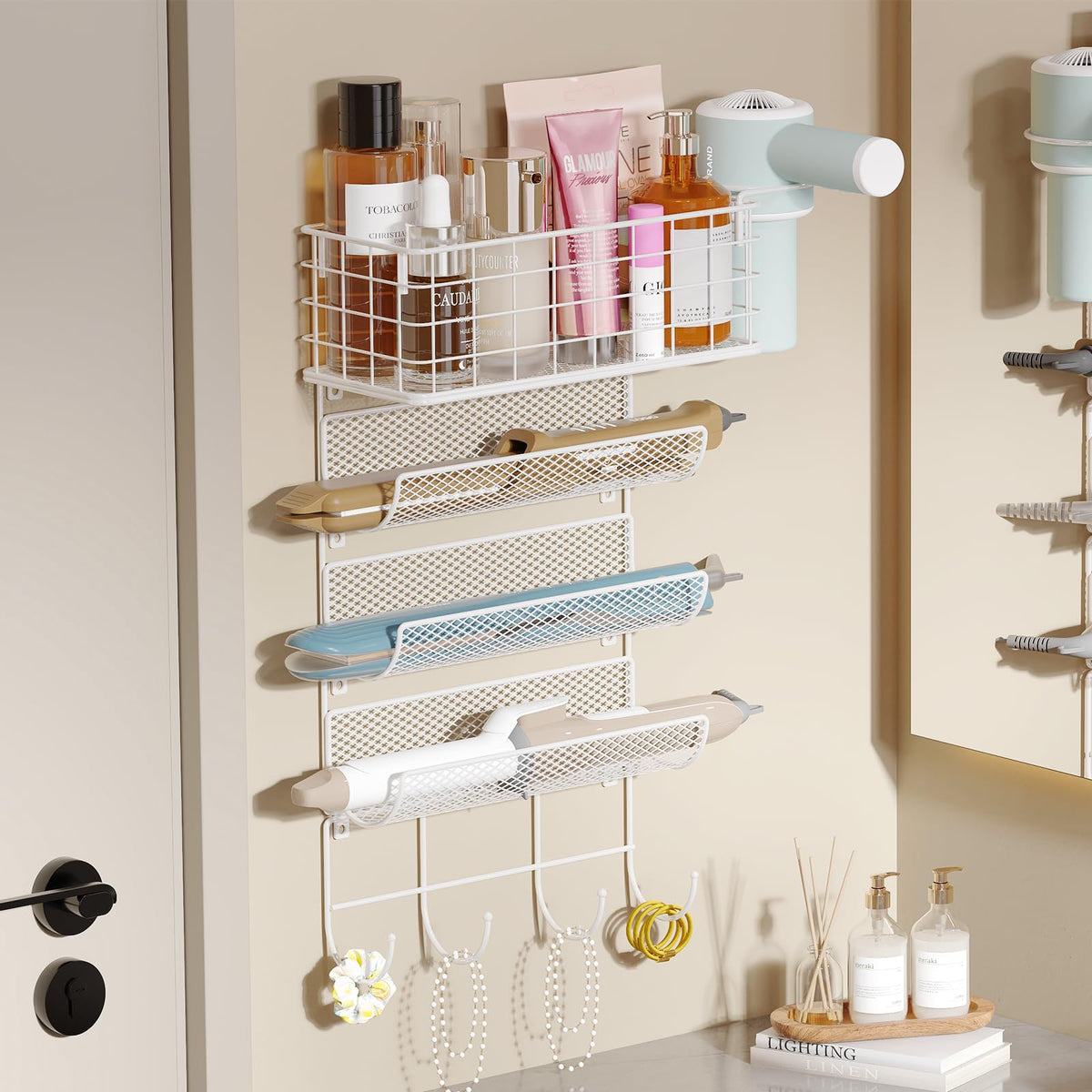 Sonyabecca wall-mounted hair-dryer holder with four shelves keeps tools organized