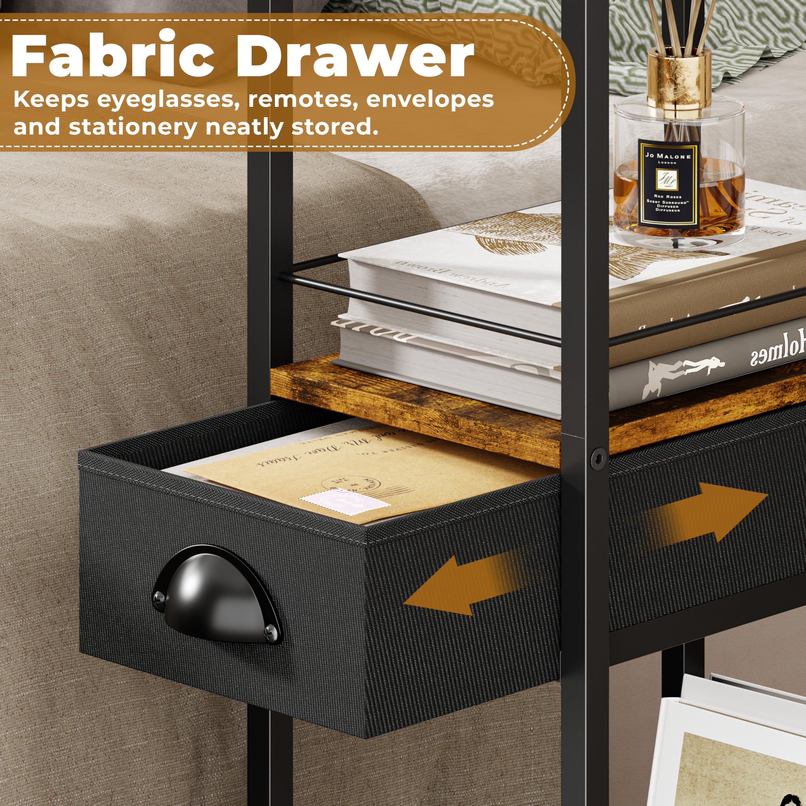 Sonyabecca table's wood shelf keeps glasses and books within reach.