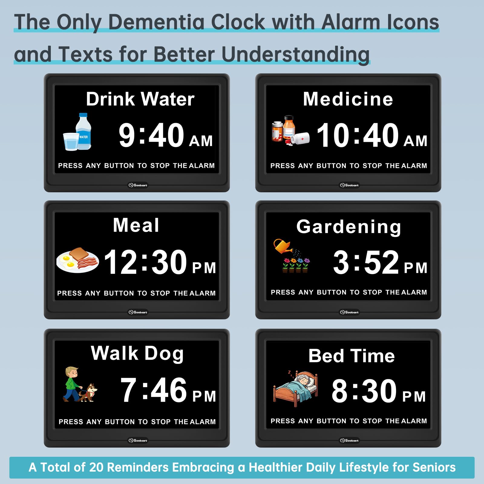 Soobest alarm settings support up to 20 reminders for daily routines.