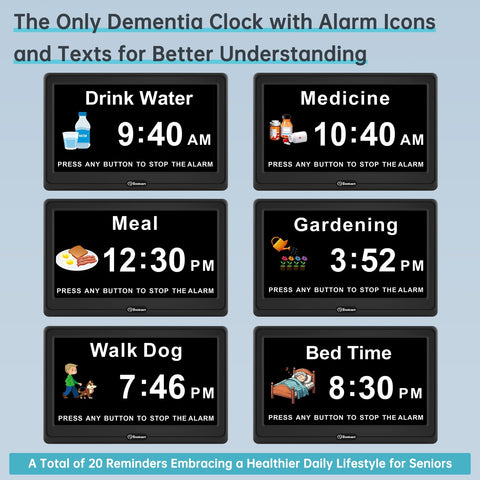 Soobest alarm settings support up to 20 reminders for daily routines.