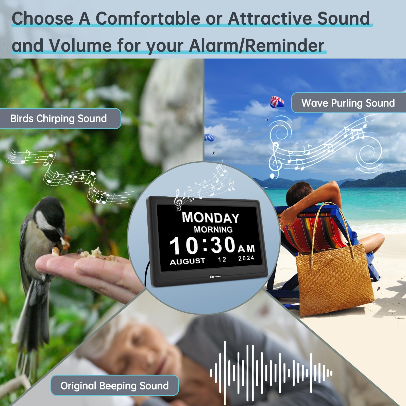 Soobest clock with adjustable ringtone and volume
