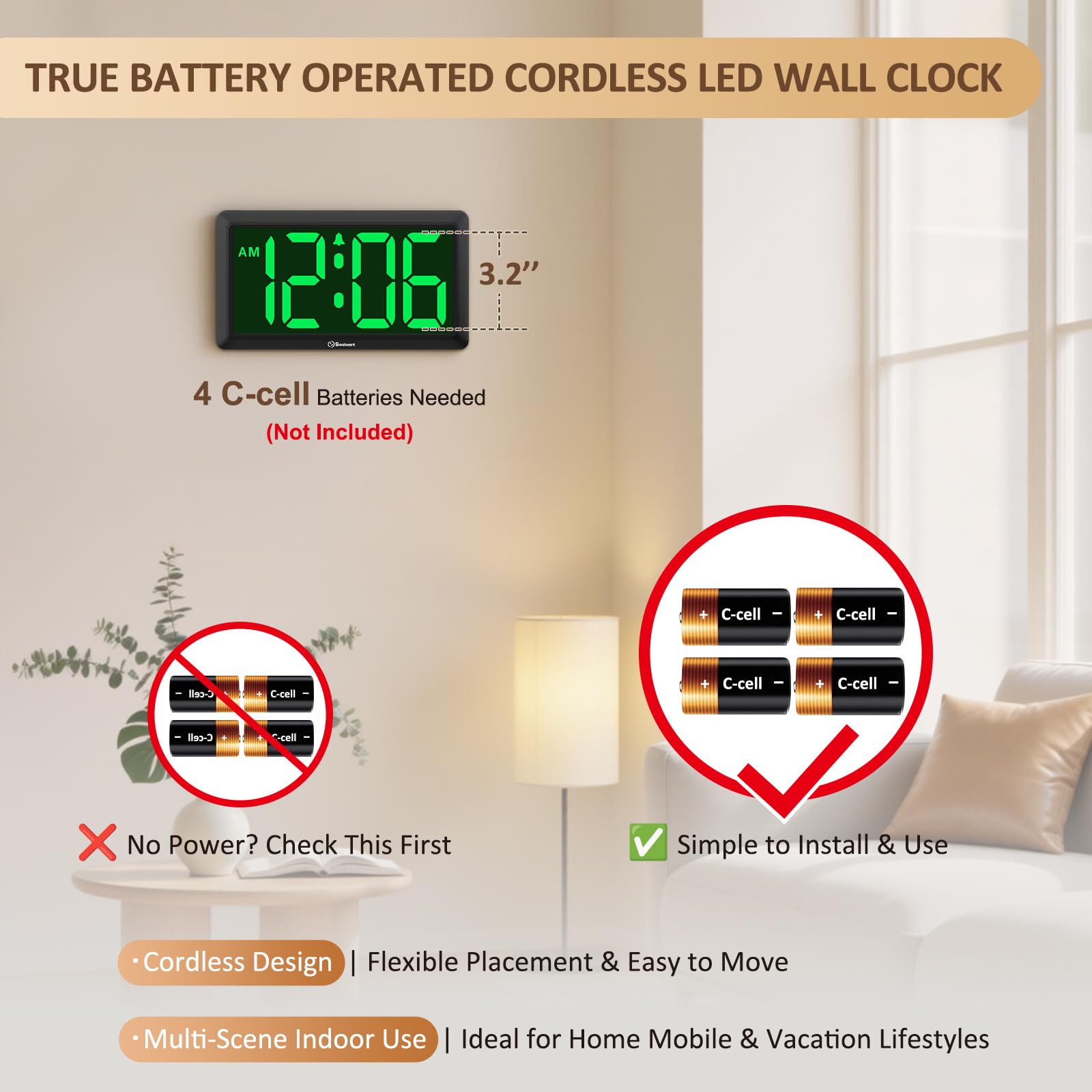 Soobest battery-operated wall clock showing cordless placement for flexible setup.