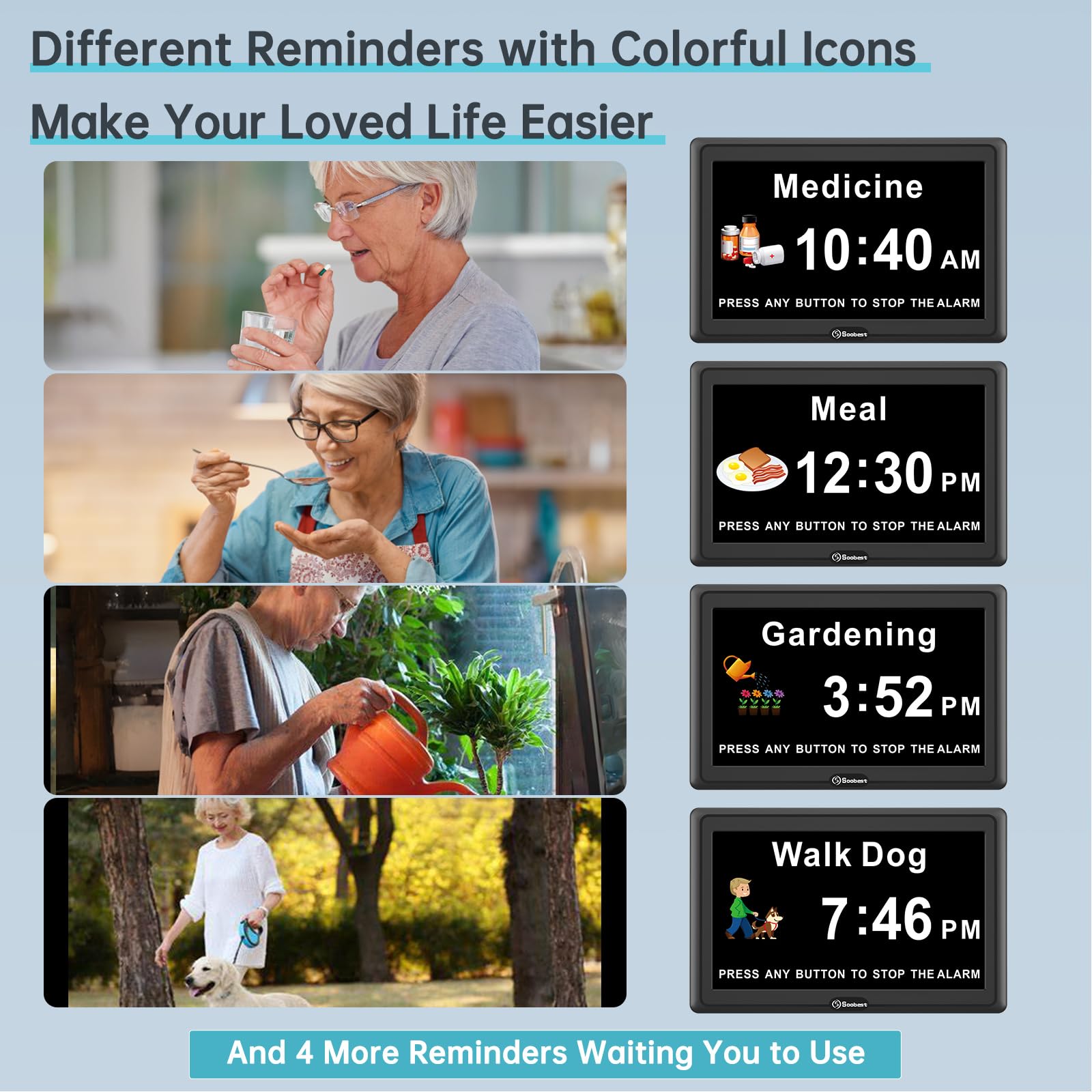 Soobest clock offers 3 ringtones for gentle reminders