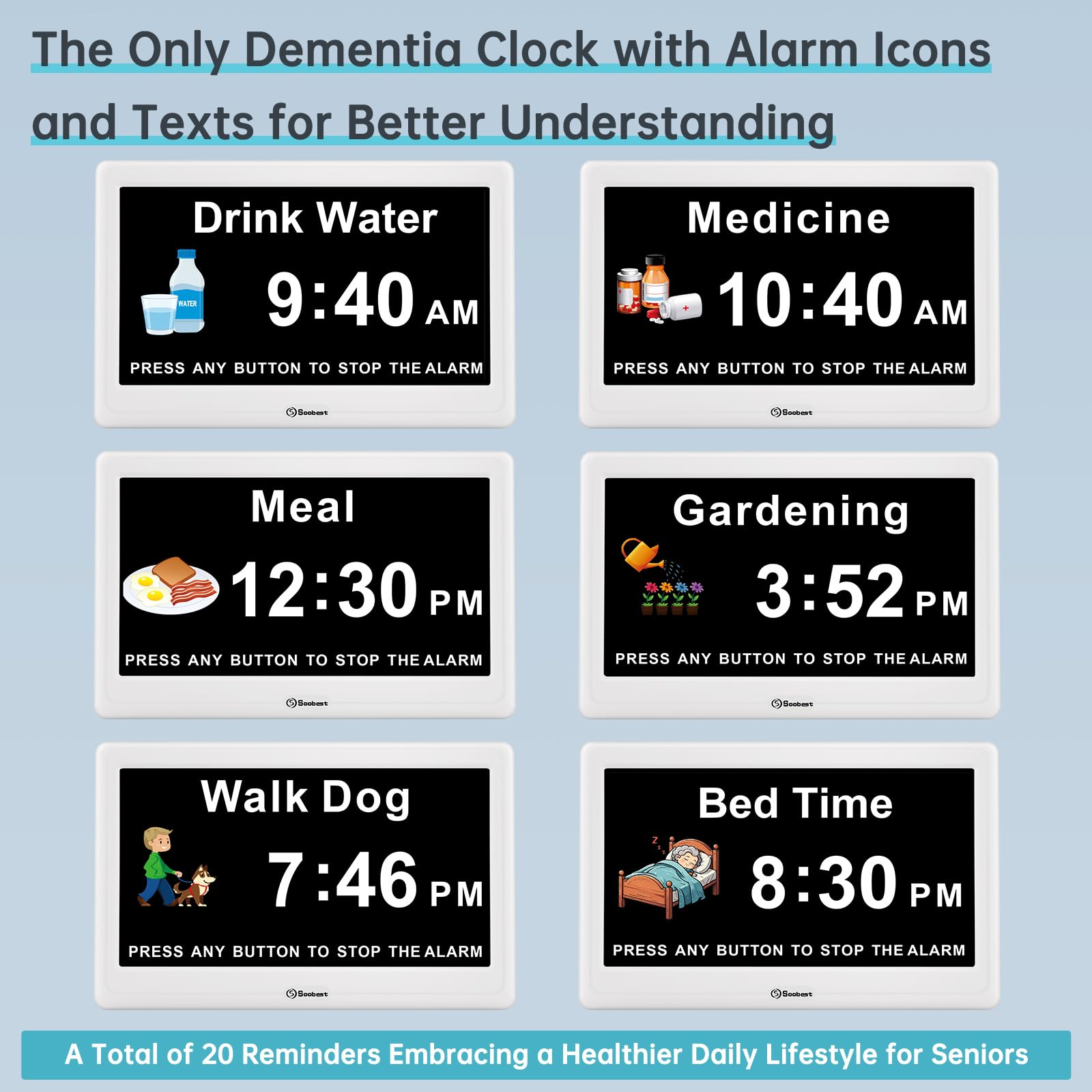 Soobest senior clock offers adjustable alarm sounds for gentle wake.