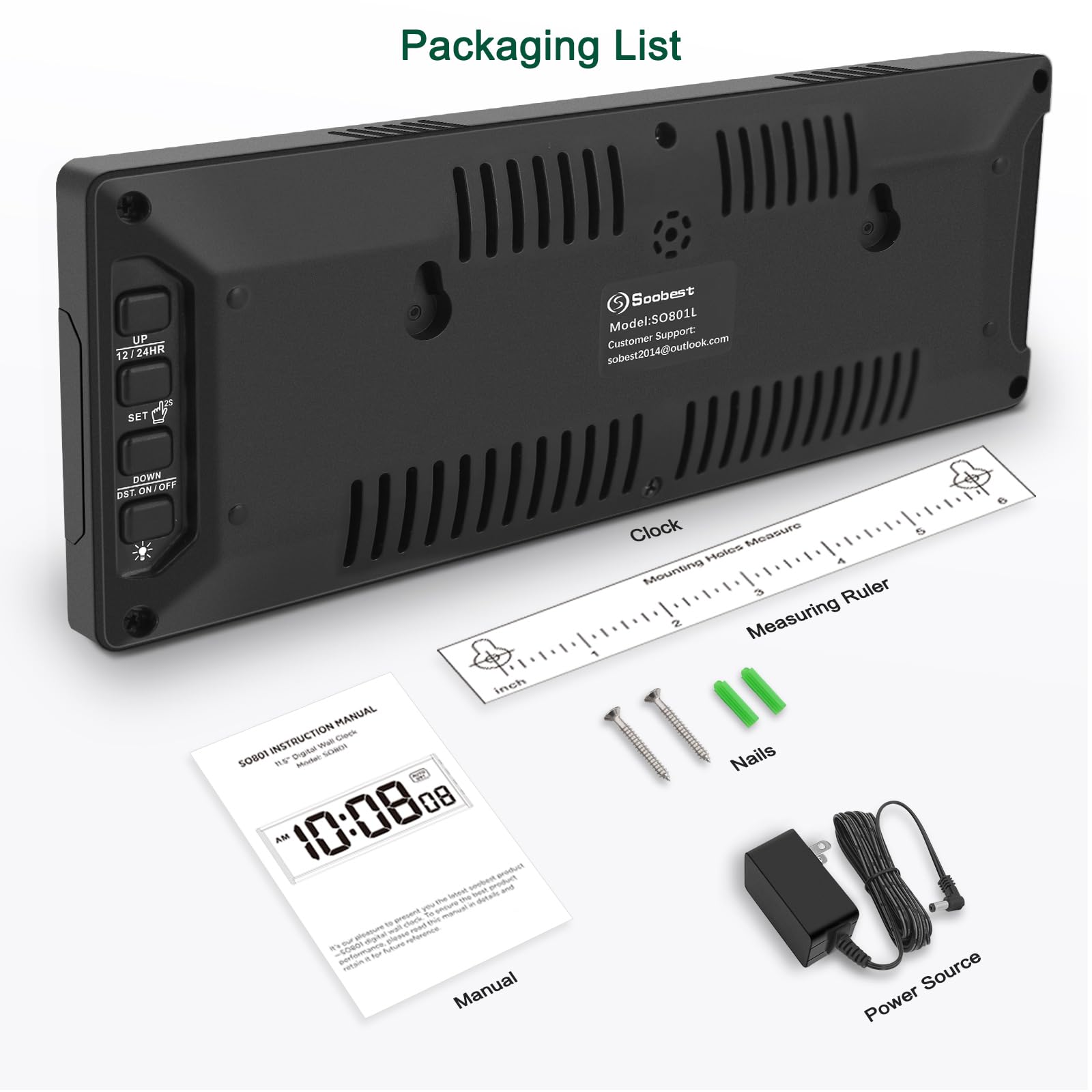 Soobest wall-mount clock includes 70-inch power cable for placement.