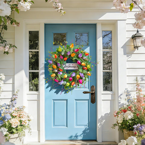 Soomeir 24-inch wreath fits standard doors without overpowering entryways.