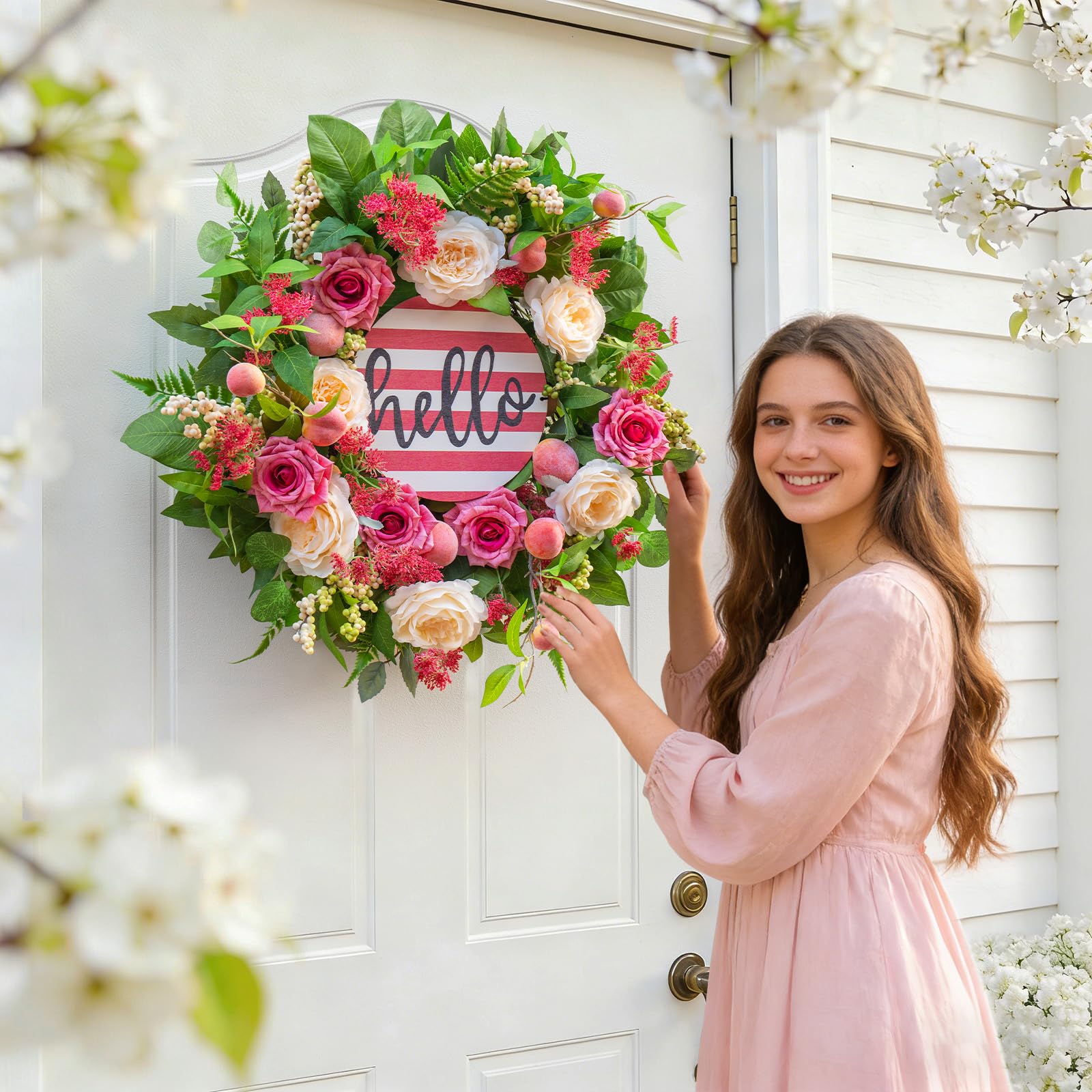 Soomeir 24inch-front-door-wreath emphasizes soft pink-peach tones for warm seasonal charm.