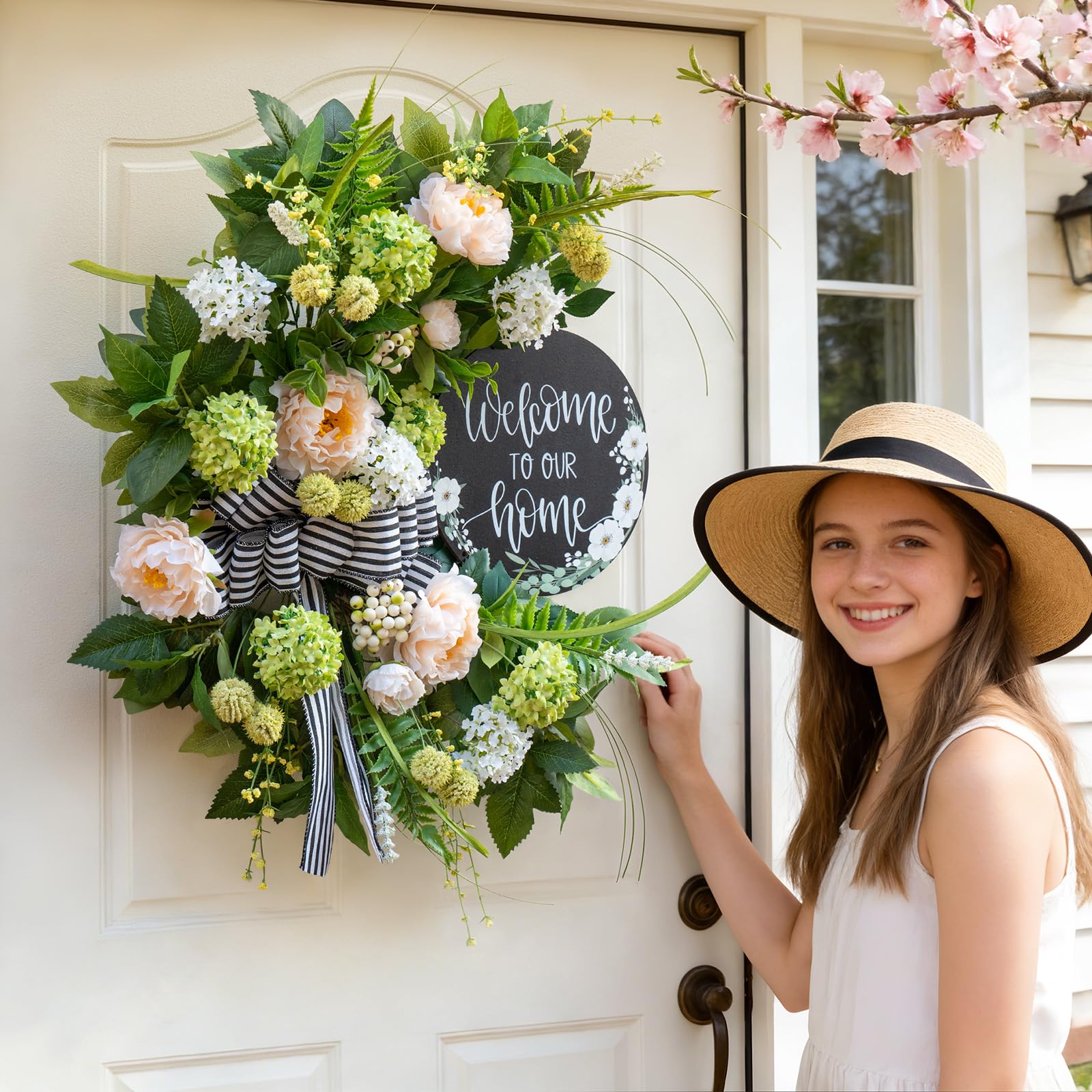Beige flower focal point from Soomeir evokes hydrangea or peony warmth
