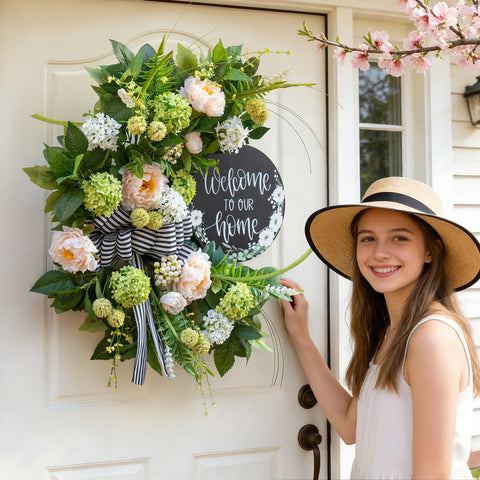 Beige flower focal point from Soomeir evokes hydrangea or peony warmth