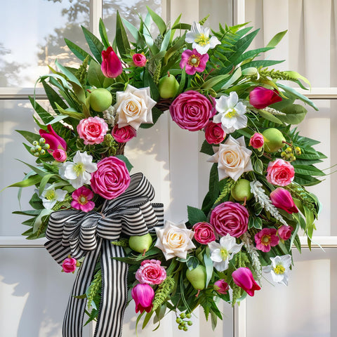Soomeir black-and-white bow enhances spring-summer wreath styling.