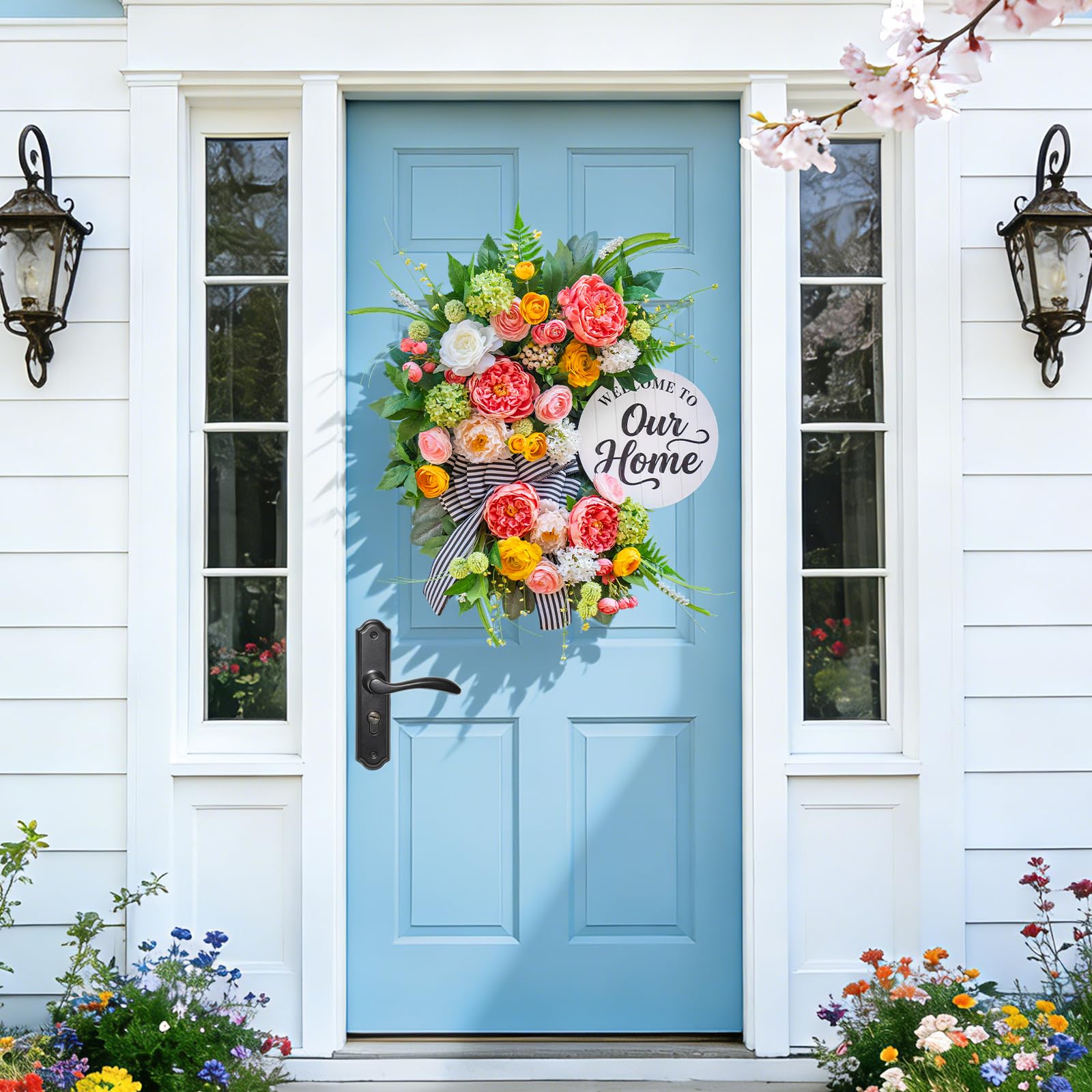 Soomeir door decor featuring natural greenery and bloom details.
