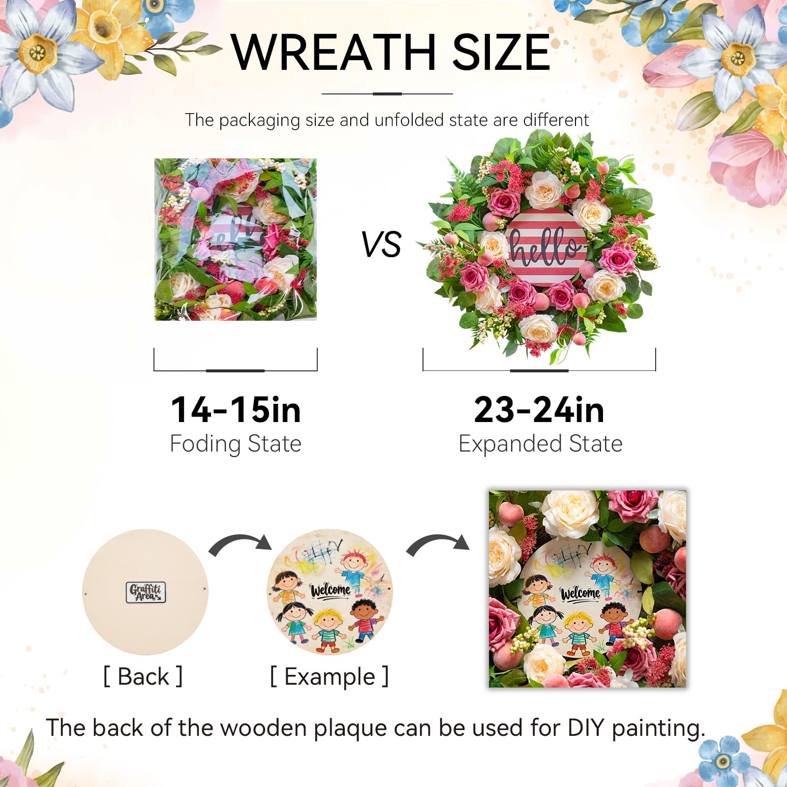 Soomeir farmhouse-wreath with pink-peach hues enhances porch or patio decor.