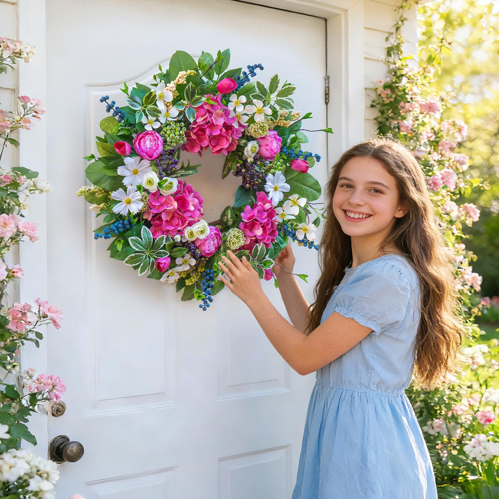 Soomeir floral wreath greenery full bloom provides a vibrant living room focal point.