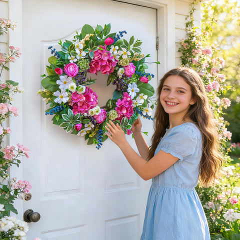 Soomeir floral wreath greenery full bloom provides a vibrant living room focal point.