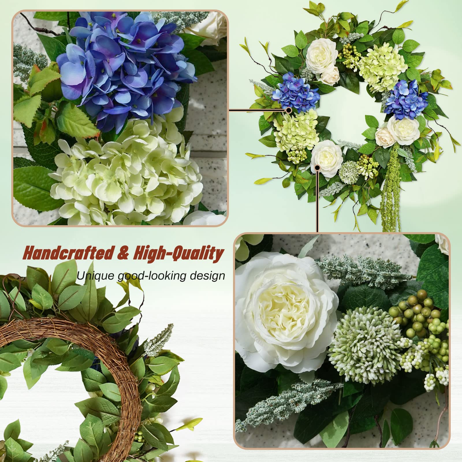 Soomeir wreath features a durable wire hanging loop for easy mounting.