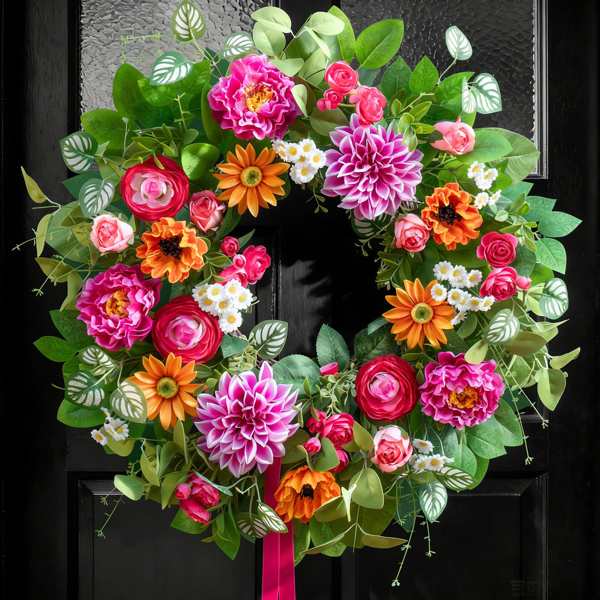 Soomeir 24-inch front-door wreath with dahlias, peonies and daisies for seasonal entryway decor.