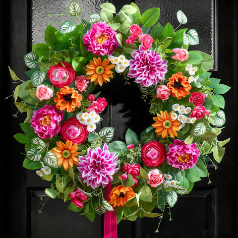 Soomeir 24-inch front-door wreath with dahlias, peonies and daisies for seasonal entryway decor.