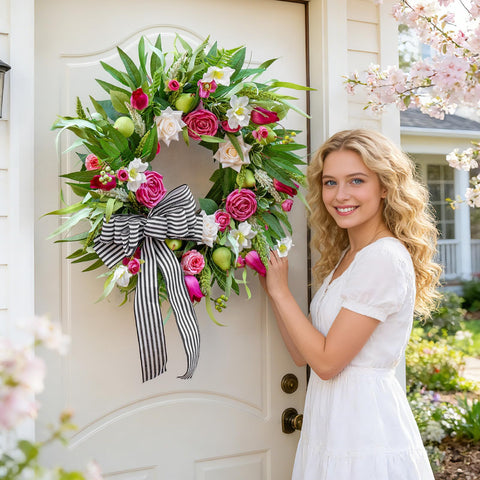 Soomeir wreath with ribbon bow adds modern curb appeal to entryways.