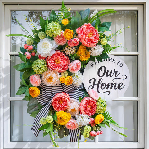 Soomeir half-moon wreath with welcome sign for stylish porch decor.