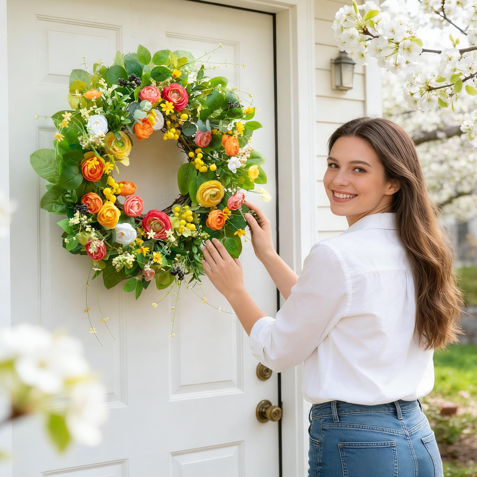 Soomeir lotus-berries wreath highlighting vibrant blooms for outdoor porch decor.