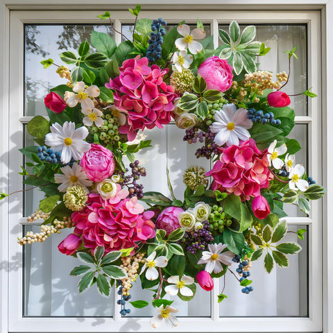 Soomeir peony hydrangea wreath closeup highlights lush blooms and layered textures.