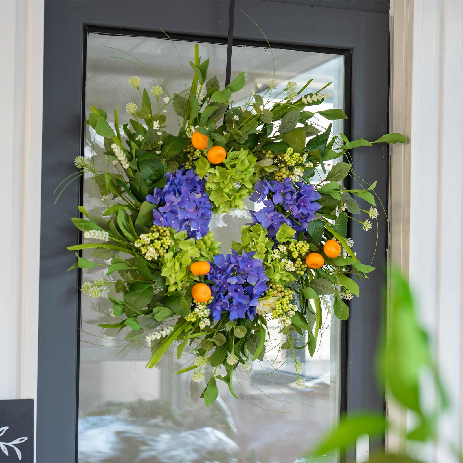 Soomeir silk hydrangea wreath with white blossoms brightens seasonal spaces