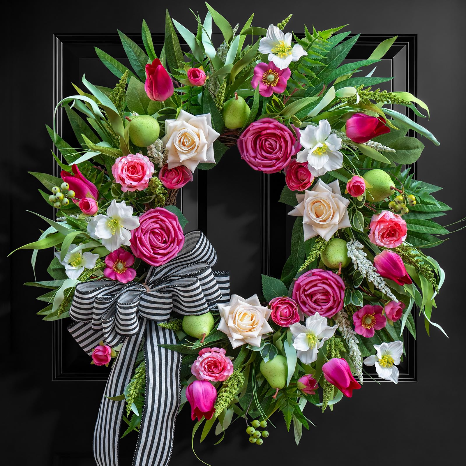 Soomeir 24-inch wreath with roses and tulips for vibrant front-door decor.