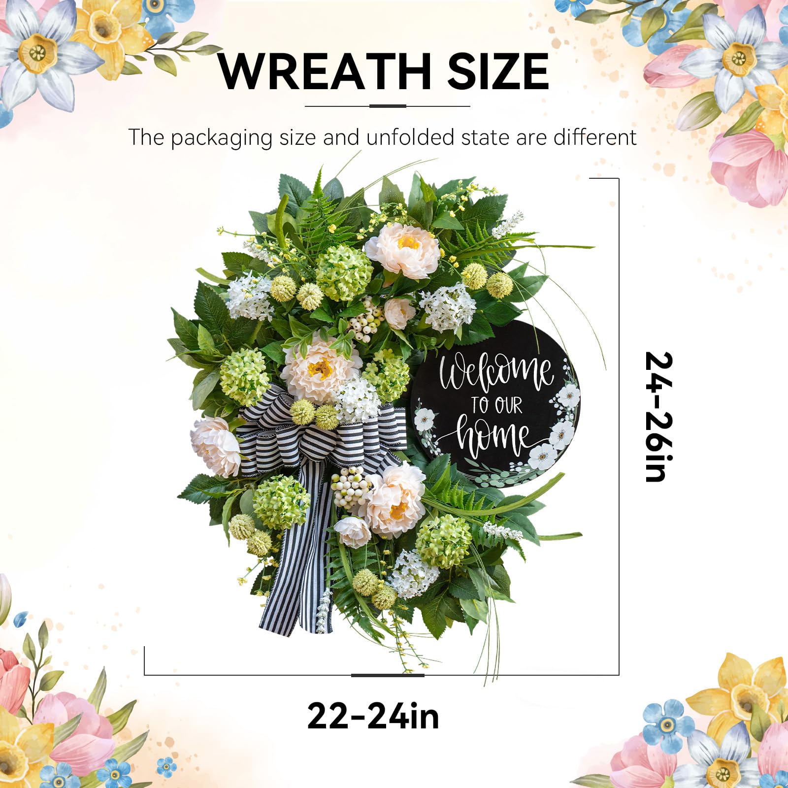 Soomeir striped bow and welcome sign create a charming focal point