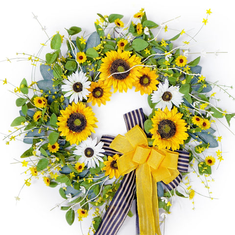 Soomeir wreath close-up shows sunflowers and eucalyptus for vibrant texture