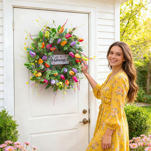 Soomeir wreath with built-in welcome sign greets guests at your front entrance.